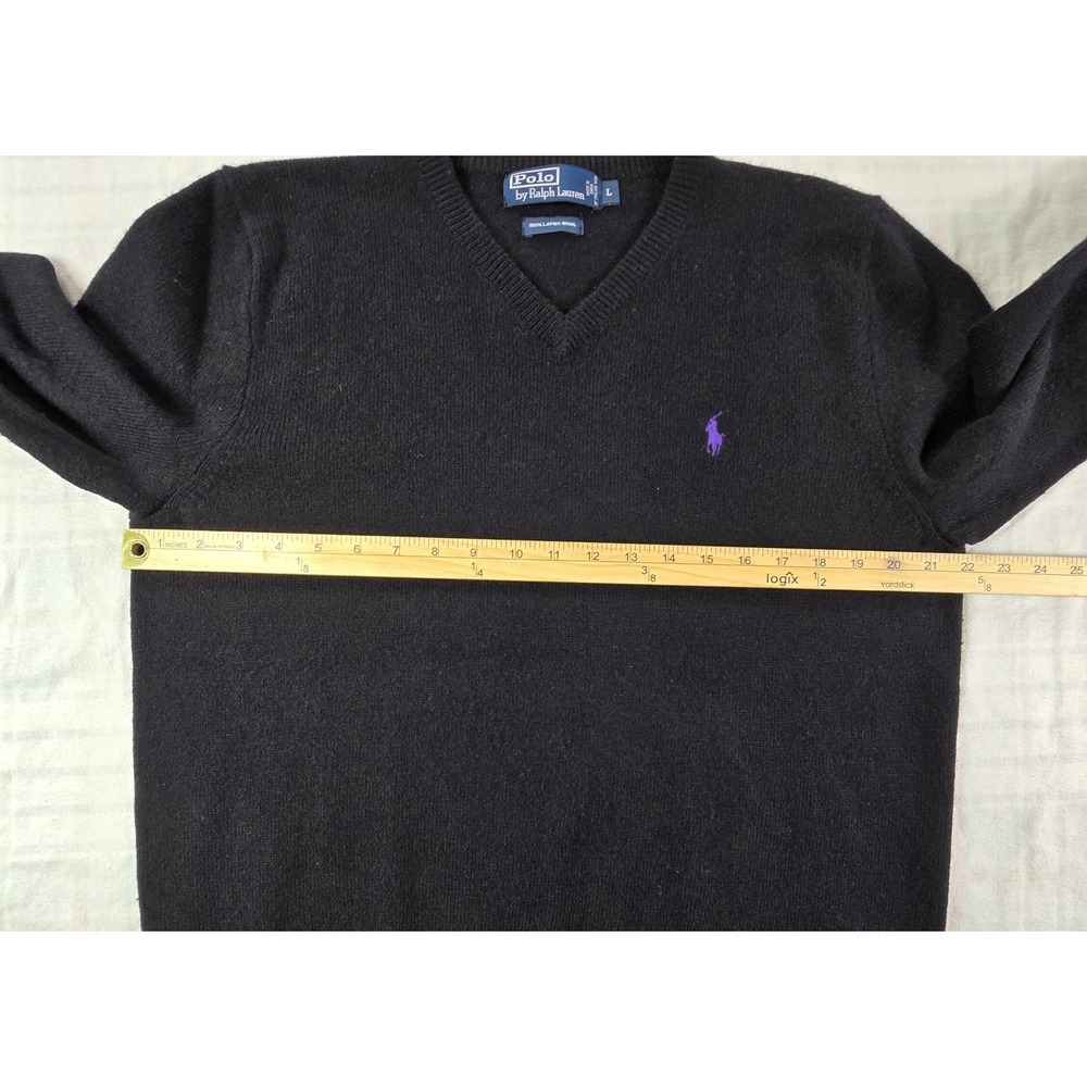 Polo Ralph Lauren Sweater Men 100% Lambswool V-Neck Purple Pony Logo Black L - Picture 6 of 13